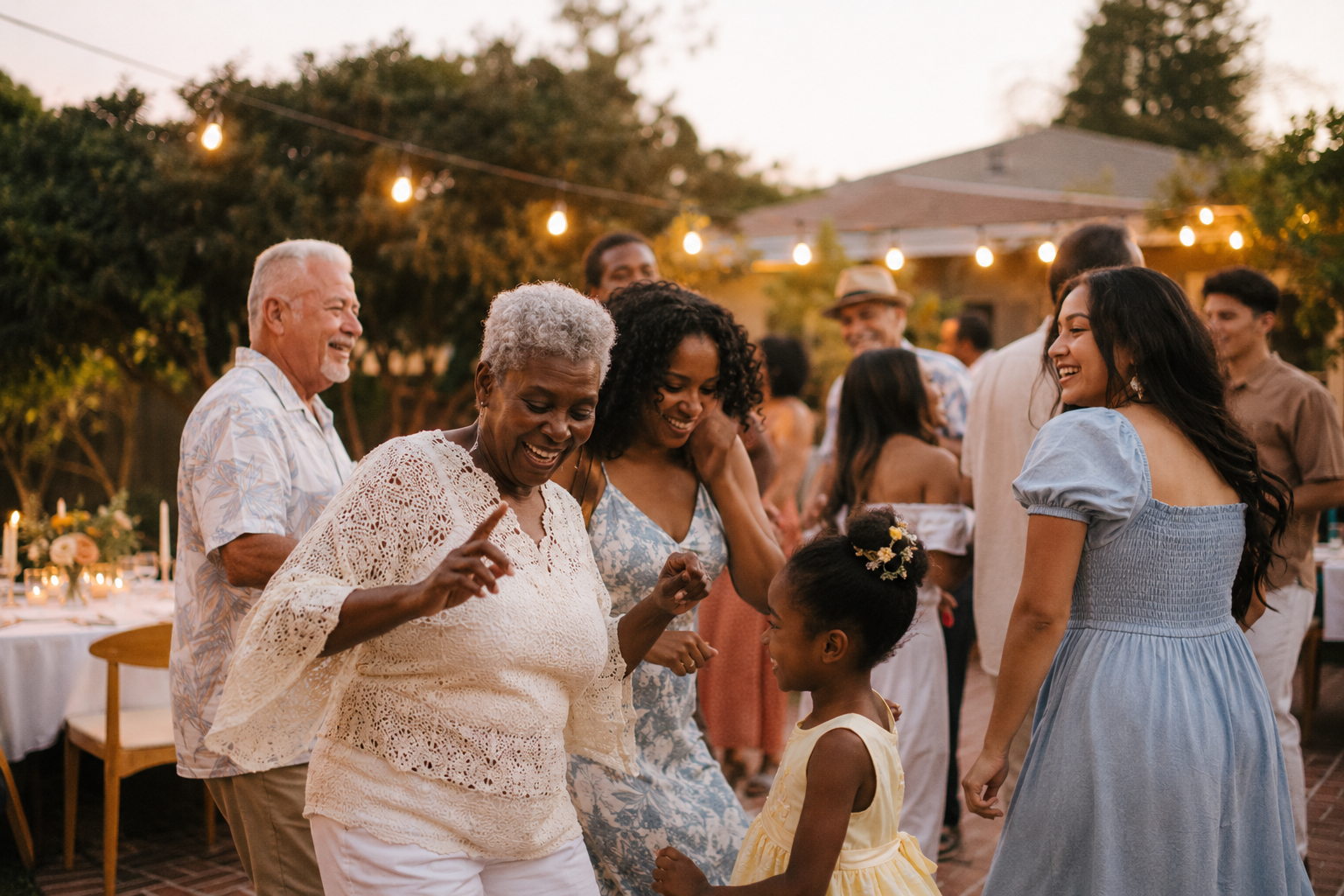 A multigenerational family celebration with guests dancing